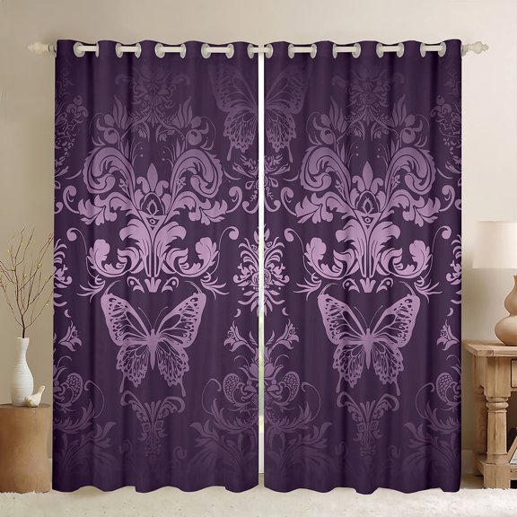 Manfei Baroque Gothic Theme Black Out Curtains,Damask Print Curtains Pack of 2 (42x63 Each),Purple Cute Butterfly Bedroom Curtains For Adults,Ultra Soft Bedroom Decoration
