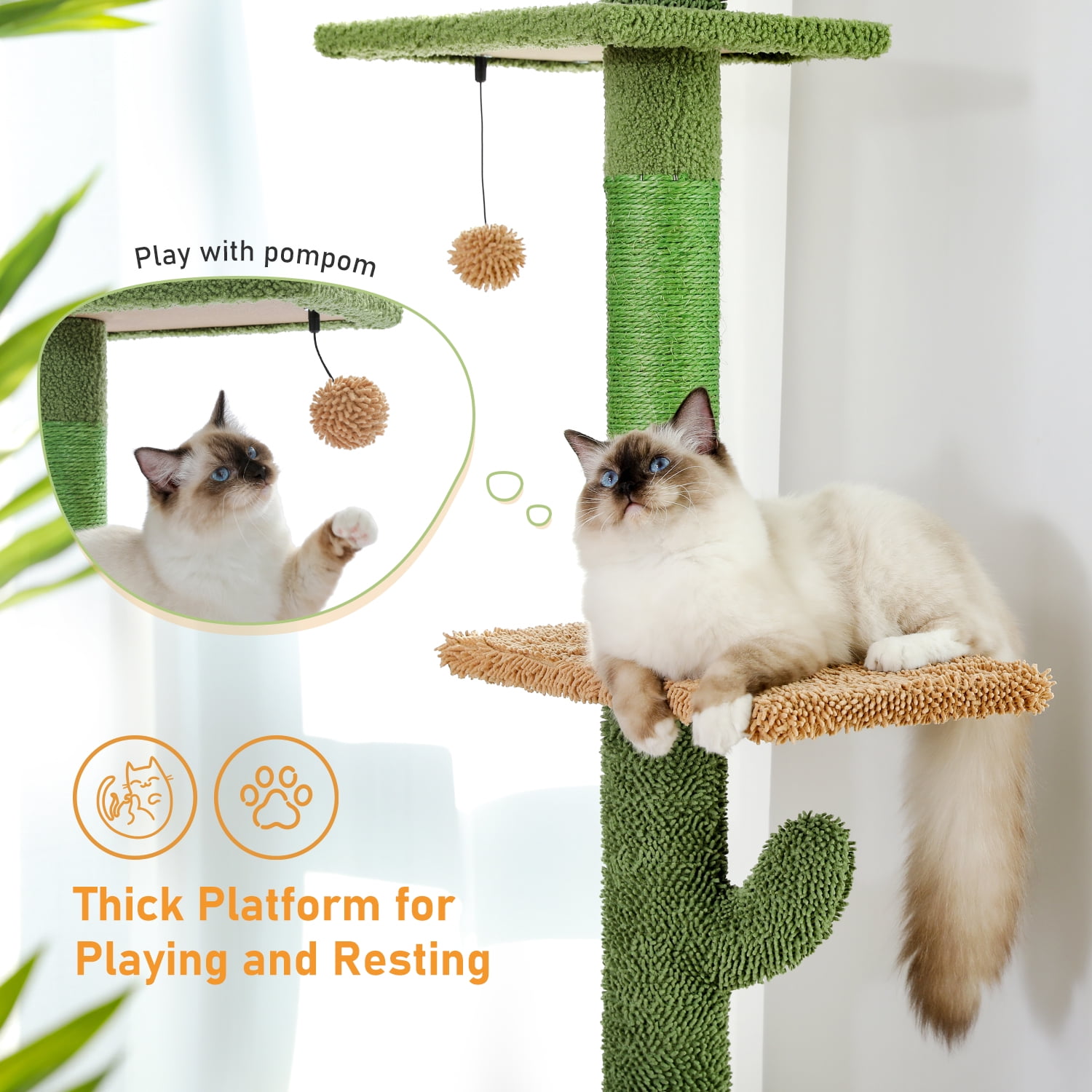 Kadyn Adjustable Height 95"-108" Cactus Cat Tree with Sisal Covered Scratching Post, Hammock, Floor to Ceiling Cat Tree Tower, Green