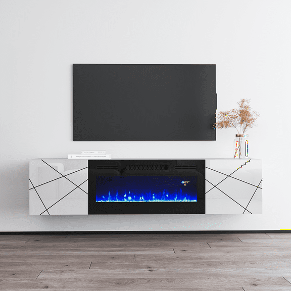 London BL-EF Fireplace TV Stand for TVs up to 70", Modern High Gloss 63" Entertainment Center, Electric Fireplace TV Media Console with Storage Cabinets