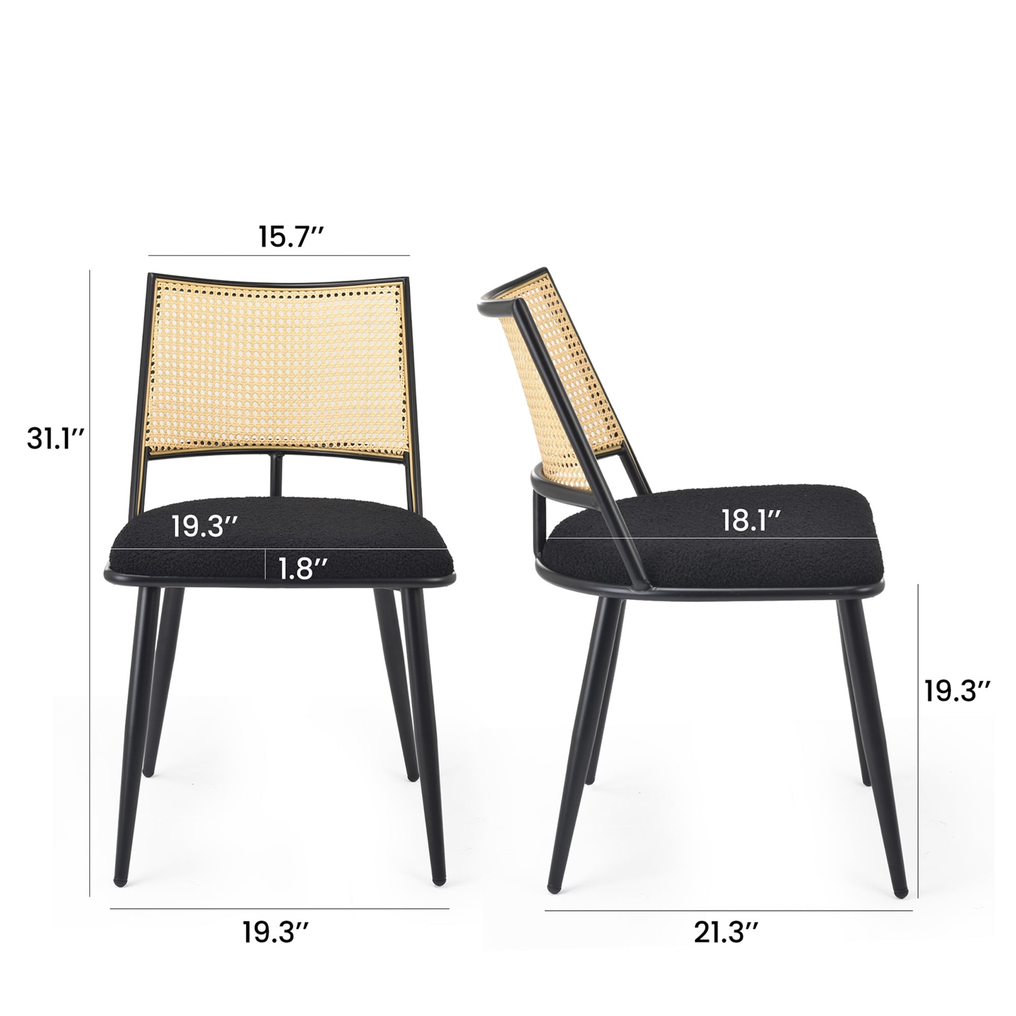 MAYEERTY Black Dining Chairs Set of 2, Rattan Backrest, Metal Frame, Boucle Upholstery for Living Room