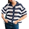 thumbnail image 2 of Short Sleeve Women Stripe Print Casual Button Down Crochet Cardigan Hollow Tops, 2 of 6