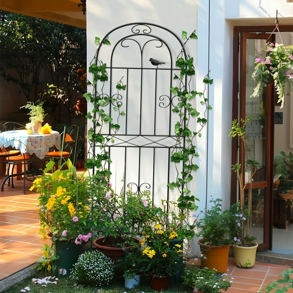 A climbing plants trellis, 70.8 in X 19.6 in,  iron metal outdoor wall paneling for vines and flowers, an elegant garden decoration,  for outdoor potted plants, supports roses, clematis, and ivy