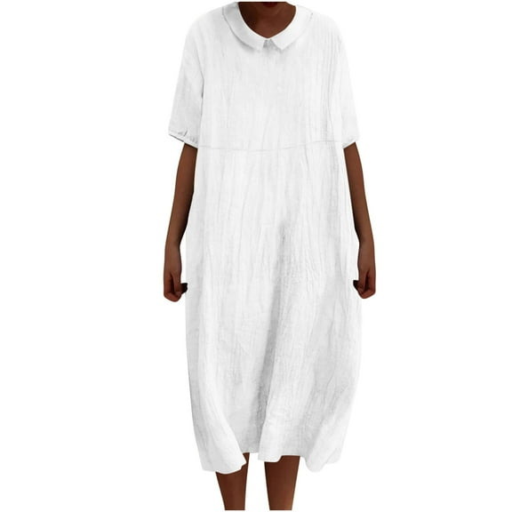 Womens Casual Half Sleeve Midi Linen Dress, Relaxed Comfy Slit Vacation Long Dress Crewneck Swing Dresses with Pockets