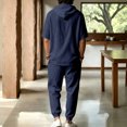 thumbnail image 6 of Men's Beach Outfit 2 Piece Linen Casual Button Down Henley Shirt Short Sleeve Loose Drawstring Hoodie and Harem Pants Vacation Sets for Men Size 3XL Navy, 6 of 9