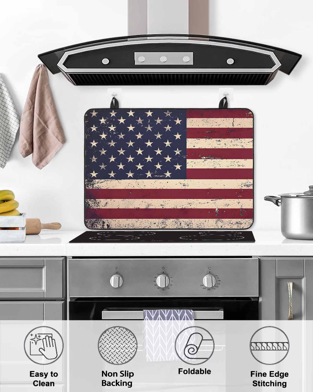 nqOlkjepod Large Induction Cooktop Protector Mat 24"x21", American Flag Vintage Stove Top Covers for Electric Stove, Rustic Stars And Stripes US Flag Stove Burner Cover Mats, Glass Top Stove Cover