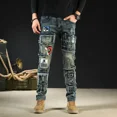 thumbnail image 2 of Pantalones vaqueros ajustados y ajustados para hombre, pantalones vaqueros ajustados de color caqui con estampado de tubo para hombre, moda coreana, ropa de calle de los años 90, tendencia habitual 20, 2 of 5