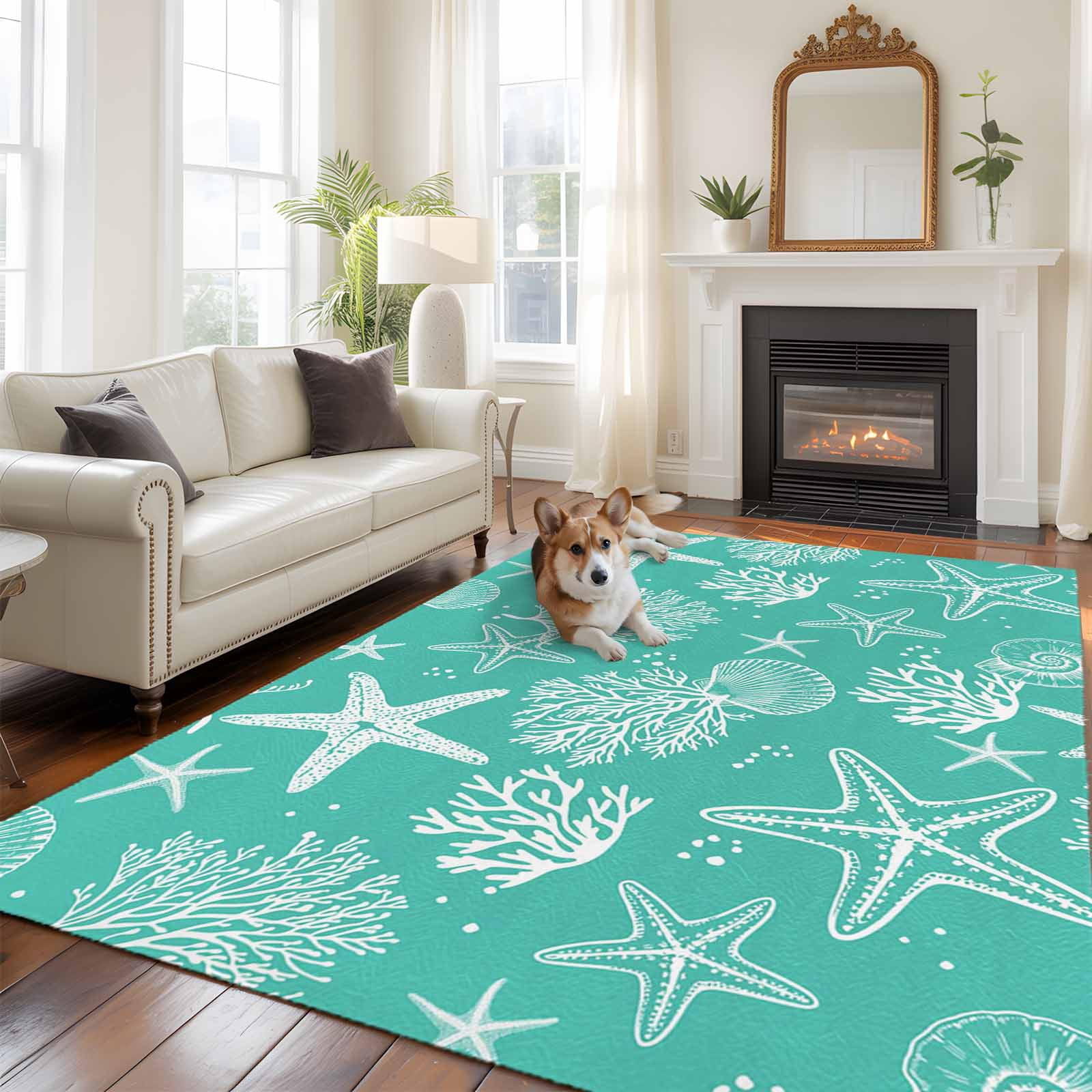 Teal Coastal Area Rugs 5'x7', Washable Small Throw Rugs for Laundry Room Playroom, Nautical Beach Starfish Coral Summer Indoor Outdoor Rug Non-Slip Low Pile Carpet Runner Reversible Floor Mats