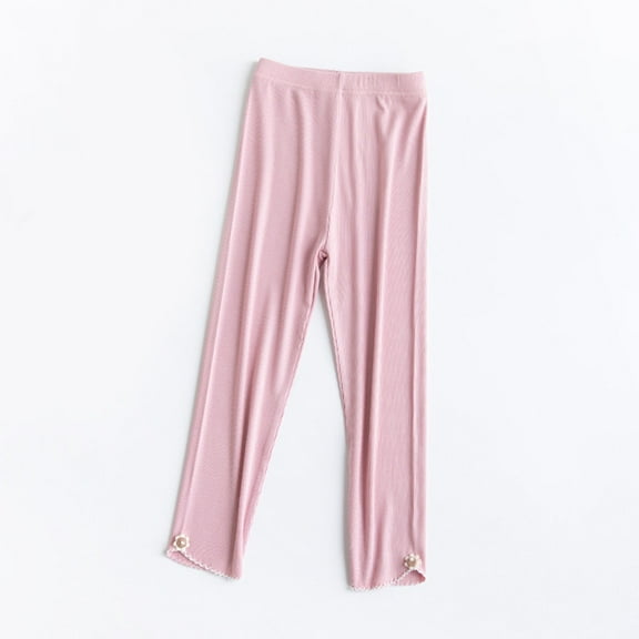 CYRBOKO Girls Leggings, Cotton Elastic Waist Thin Stretch Summer Pants Pink Size 10-12 T