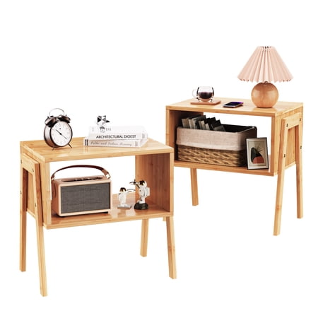 Bamboo Stackable End Tables  Wood Living Room Nightstand  Bedside Tables for Bedroom Storage  Versatile End Table  Rustic Nightstand  Set of 2