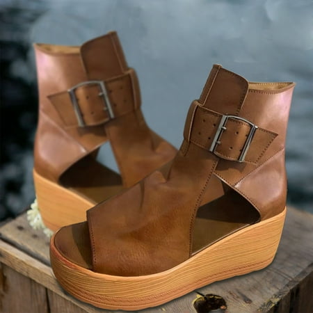 

〖Yilirongyumm〗 Brown 41 Sandals Women Sandals Women s Fashion Solid Mouth Wedge Casual Color Buckle Fish Heel Platform Women s Sandals