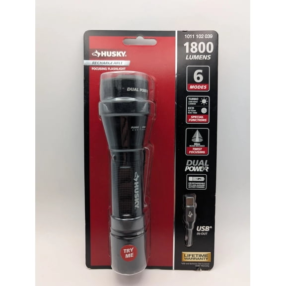 Husky 1800 Lumens Dual Power LED Rechargeable Tactical Focusing Flashlight