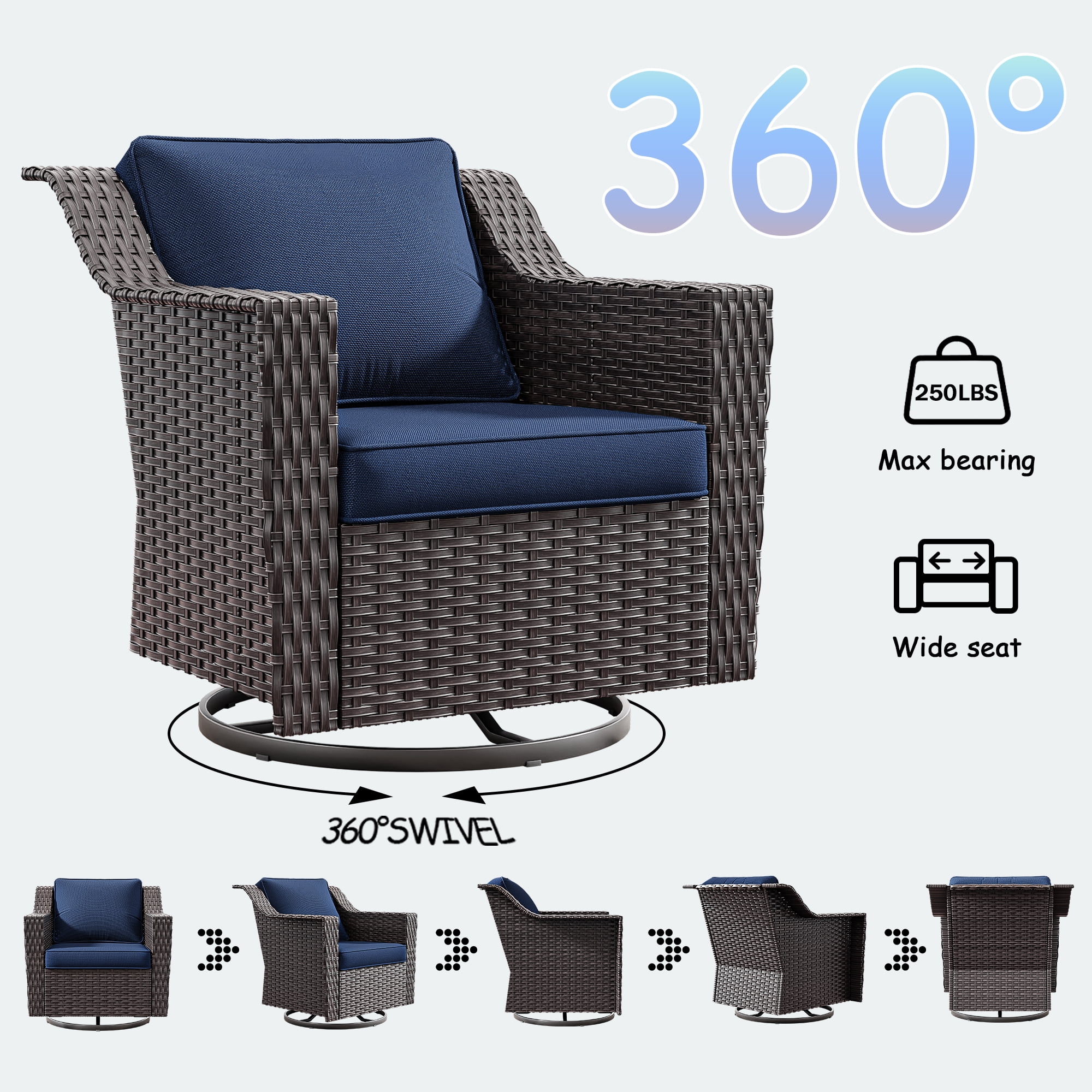 MeetLeisure Patio 2 Pieces Wicker Swivel Chairs Set, Outdoor PE Rattan Rocking Glider Armchairs with Water-Resistant Cushions & Washable Covers for Porch Balcony Sunroom, Dark Blue