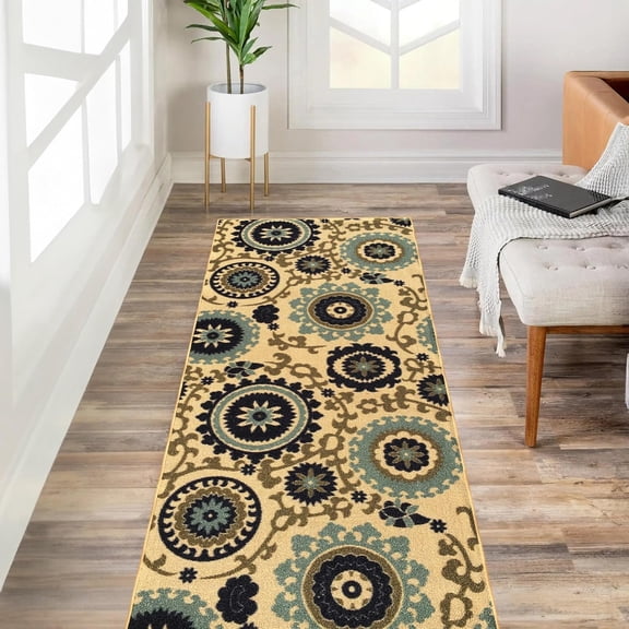 Custom Size Beige Floral Medallion Rubber Backed Non-Slip Hallway Stair Runner Rug Carpet 31 inch Wide Choose Your Length 31in X 10ft