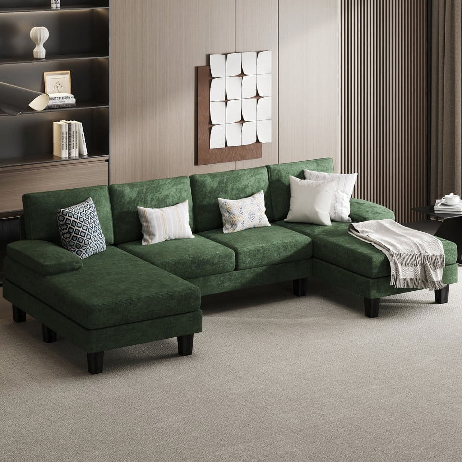 Homall Modern U-Shape Sectional Sofa, Chenille Fabric Modular Couch, 4 Seat Oversized Sofa with Chaise for Living Room, Green