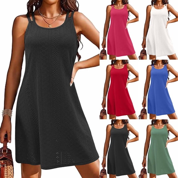 MAIHAN Summer Dresses for Women 2026,Full Coverage Swimsuits for Women with Eyelet Embroidery,Scoop Neck Sleeveless Casual Summer Beach Bikini Coverup(Black,XXL)