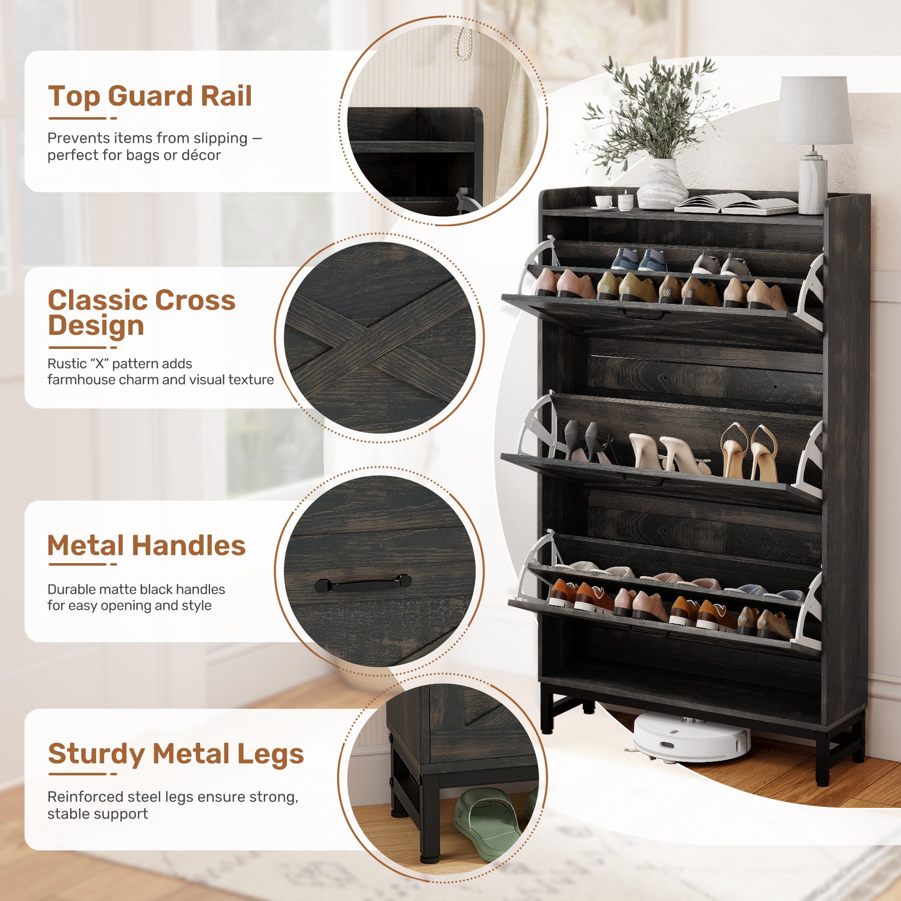 MOONMISS Shoe Storage Cabinet with 3 Flip Drawers and Open Storage,Rustic Wooden Shoe Organizer for Entryway Hallyway