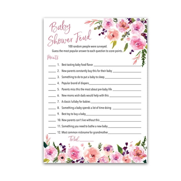 GIRL Baby Shower FEUD Game — Pack of 25 — Fun Shower Family Feud Games, PINK Floral Baby Shower Activity, Garden Shower Fued, Couples Shower Gender Reveal Party Roseum Collections G140-BSF