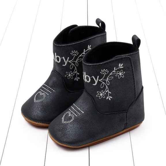 Xijirk Shimmer Lace Embroidery Western Cowboy Baby Mid Calf Boots Pull Tab Flexible Sole First Walking Casual Shoes Black,6-9 Months