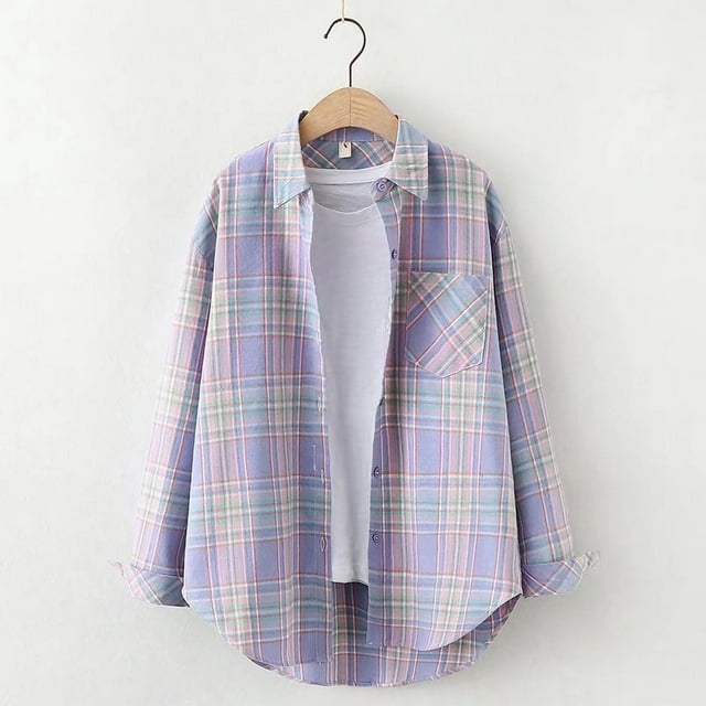 DPTALR Hauts à Manches Longues pour Femmes Cardigan à Revers à Simple Boutonnage Chemise Blouse à Carreaux à Boutons