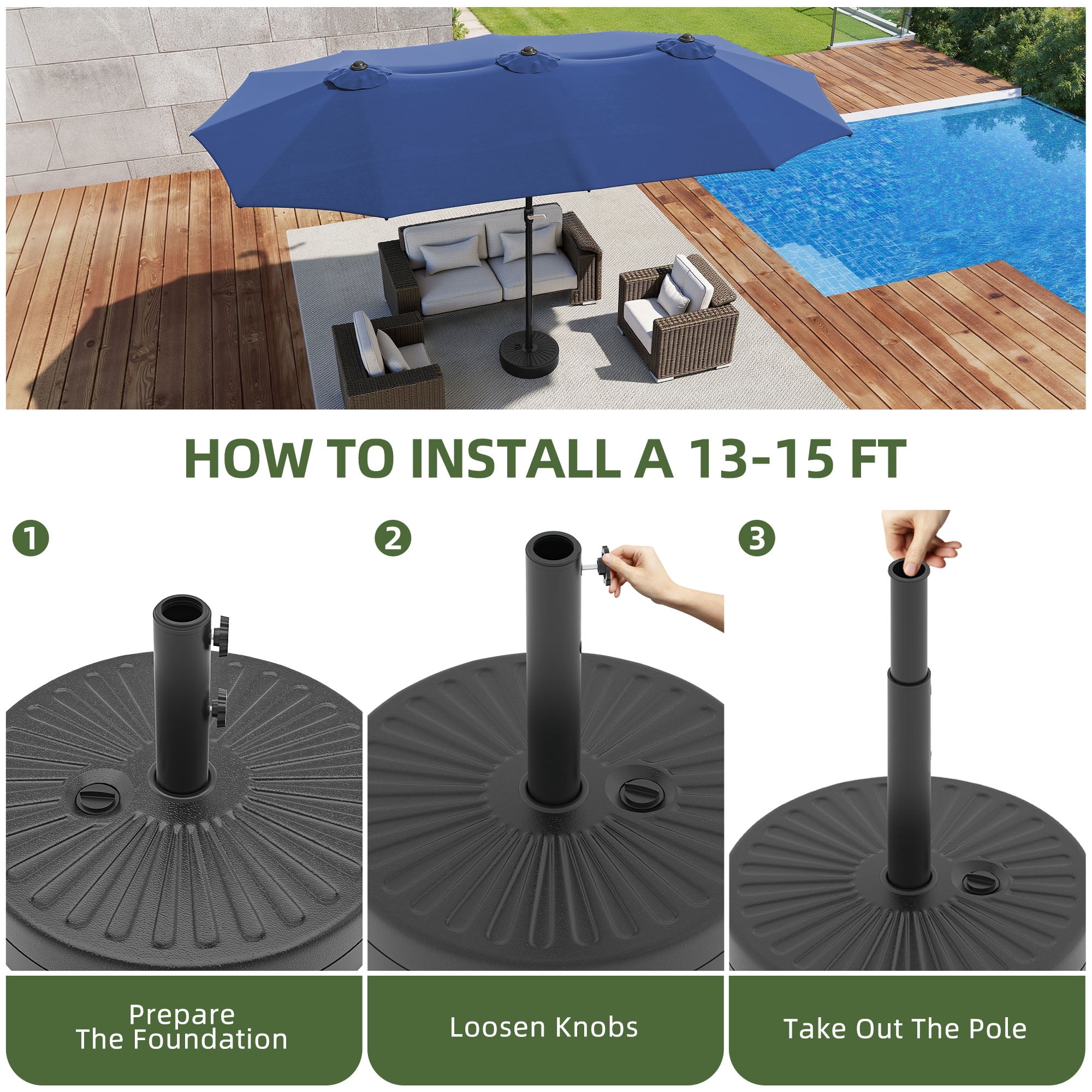 Uforic 15ft Double-Sided Patio Umbrella, Large Outdoor Portable Shade Market Table Umbrella,12 Sturdy Ribs & Tilt Adjustment ,Navy Blue
