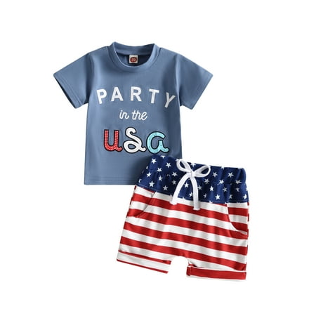 

Bagilaanoe 4th of July Clothes for Toddler Baby Boys Short Sleeve Letter Print T-Shirt Tops + Striped Shorts 6M 12M 18M 24M 3T Kids Independence Day Outfits 2pcs Short Pants Set