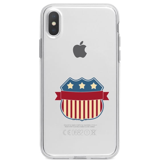 DistinctInk Clear Shockproof Hybrid Case for iPhone XR (6.1" Screen) - TPU Bumper Acrylic Back Tempered Glass Screen Protector - USA Badge Flag Red White & Blue