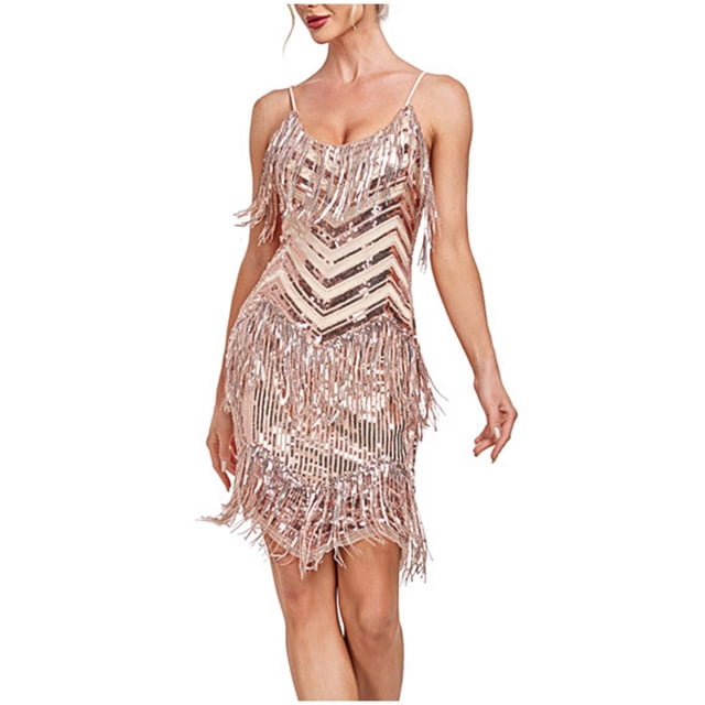 Uppada Robe de Soirée pour Femmes à Paillettes avec Franges et Pampilles, Robe Charleston Courte Sans Manches à Col en V à Bretelles Spaghetti, Robe de Soirée, Robe de Danse, Robe de Bal, Robe de Cocktail, Liquidation en Liquidation
