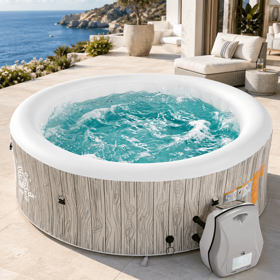 Seizeen Inflatable Hot Tub for 6-8 Person, Outdoor Blow Up Hot Tub 80'' Round Wood Grain, Multifunctional Portable Home SPA with 140 Bubble Jets, Heating & Filtration System, Cover