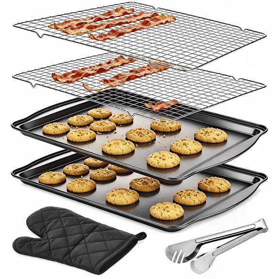 6-Piece Non-Stick Baking Sheets with 2 Cooling Racks, Carbon Steel Bakeware Set with Oven Mitts & Tongs for Baking Roasting