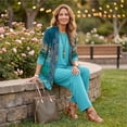 thumbnail image 4 of Textilo 3 Piece Travel Outfits for Women Open Front 3/4 Sleeve Floral Cardigan Sleeveless Tank Tops Wide Leg Pants Sets Business Casual Sets,Cyan XL, 4 of 5