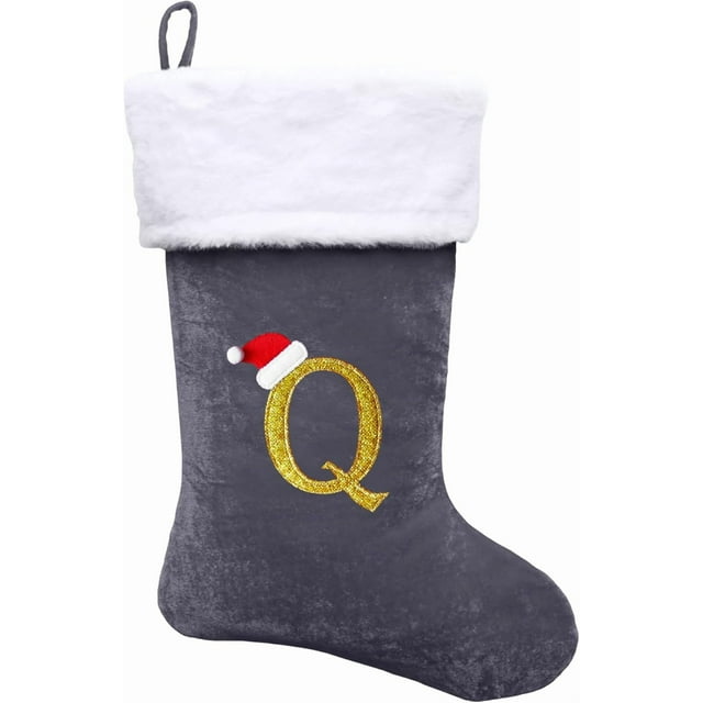 Dbfengbilian 21 Inches Christmas Stockings with Customizable Letters, Large Christmas Stockings with Super Soft Plush Cuff Embroidered Letter - Grey Q