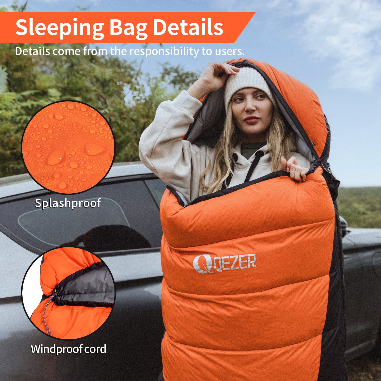 QEZER Adult 3-Season (40℉-53℉) Portable Ultralight Down Sleeping Bag for Camping, Hiking & Backpacking