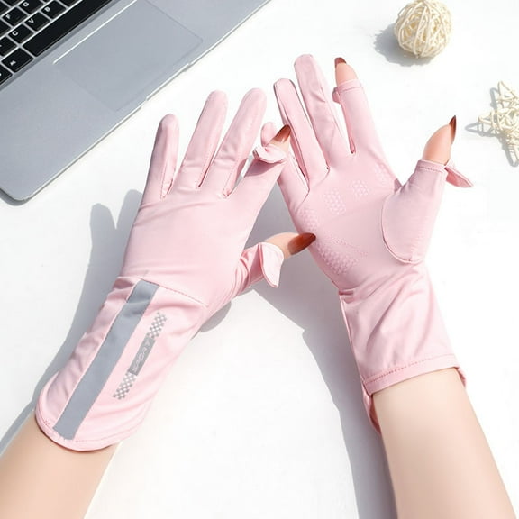 Women Thin Ice Silk Anti-ultraviolet Dew Finger Touch Screen Driving Riding Non-slip Breathable Gloves Full Finger Sun Protection Gloves, Thin Gloves UV Light Gloves Women Cycling Gloves for Women
