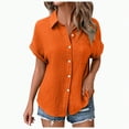 thumbnail image 3 of ORT Linen Shirts for Women Button up Shirts Casual Short Sleeve Collared Work Blouse with Pocket(Orange,XL), 3 of 9