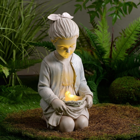 Estatua de jardín Hi-Line de regalo para niña sentada con LED solar