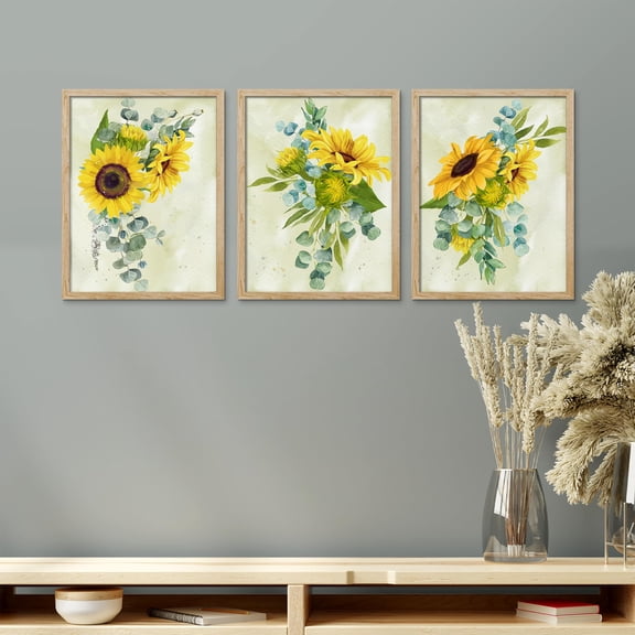 PixonSign Framed Canvas Print Wall Art Set - Trio Sunflower Zen Forest Plant Poster Art - Set of 3 Nature Wilderness Garden Floral Botanical Wall Décor for Living Room - 11"x14" Natural