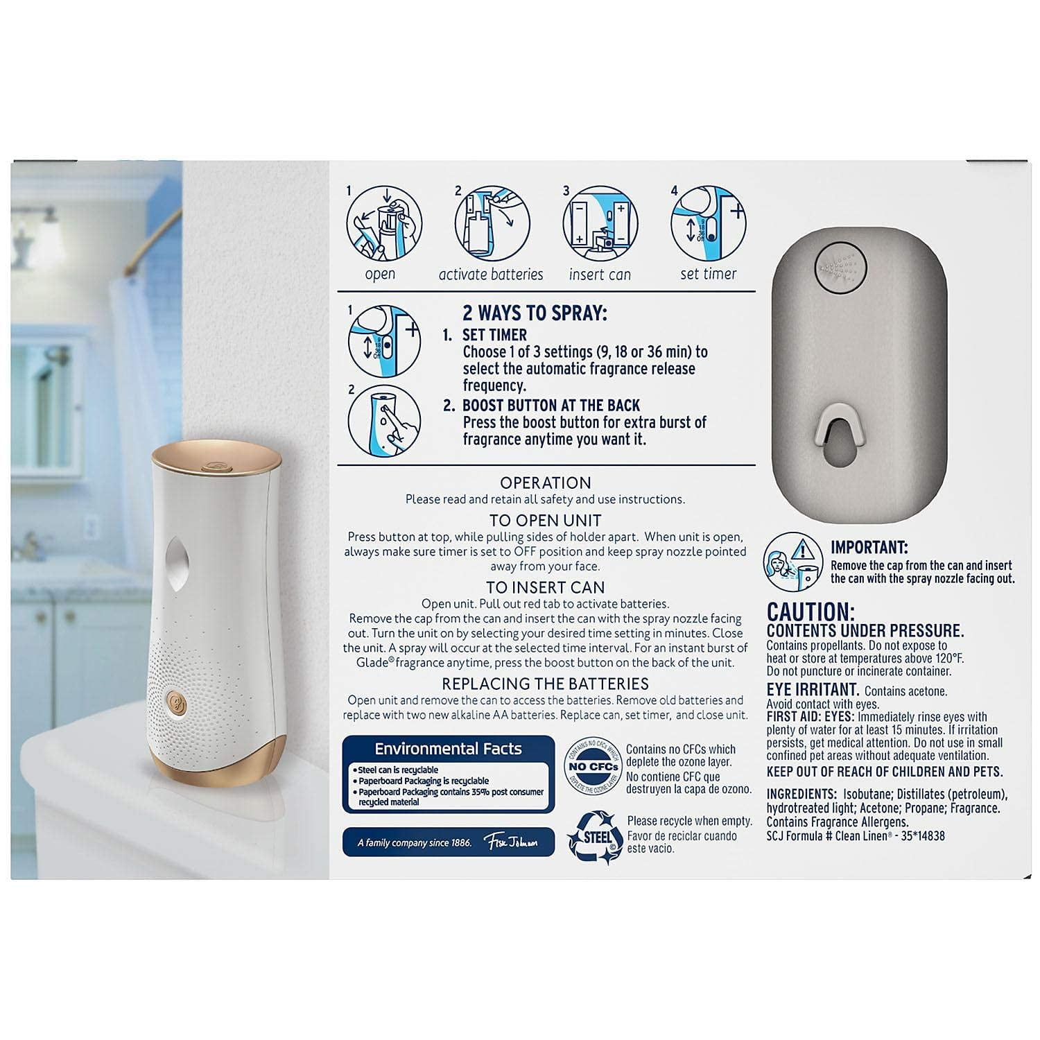Glade Automatic Spray Clean Linen: 1 Automatic Spray Unit; 2 AA Batteries; 3 Refills, 6.2 oz Each, Total 18.6 oz