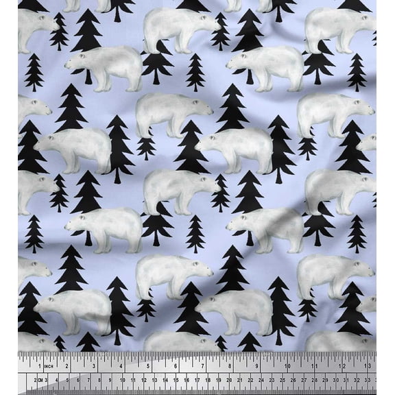 Soimoi Blue Cotton Voile Fabric Bear Tree Print Fabric by the Yard 42 Inch Wide