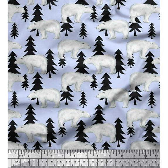 Soimoi Blue polyester Crepe Fabric Bear Tree Fabric Prints By Yard 52 Inch Wide