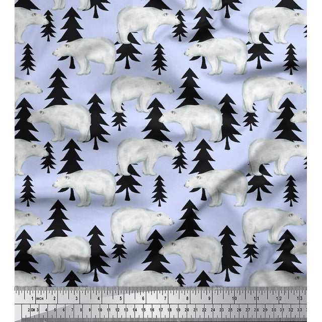Soimoi Blue Cotton Voile Fabric Bear Tree Print Fabric by Yard 58 Inch Wide