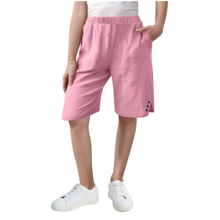 VEKDONE Boys And Girls Cotton Linen Shorts Summer Elastic Waisted Lounge Shorts with Pockets Solid Color Loose Fit Side Split Half Pants Pink 120