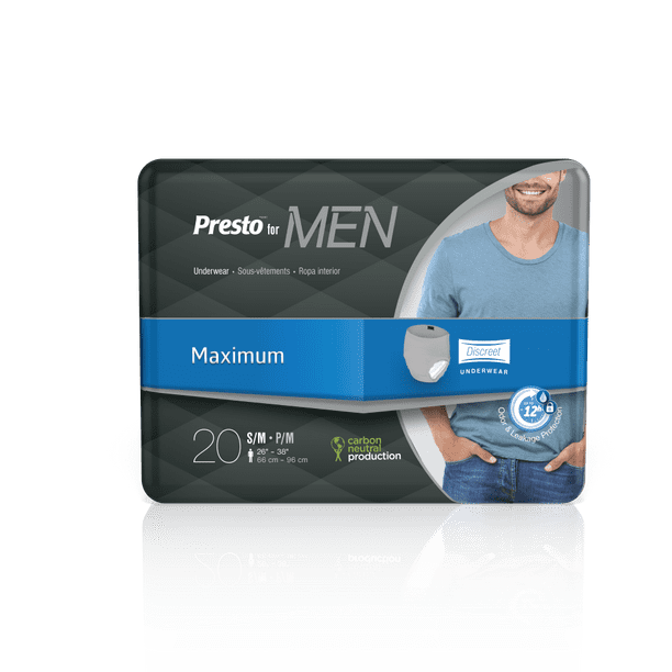Presto Maximum Discreet Incontinence Underwear For Men Disposable, Odor Eliminator, Small