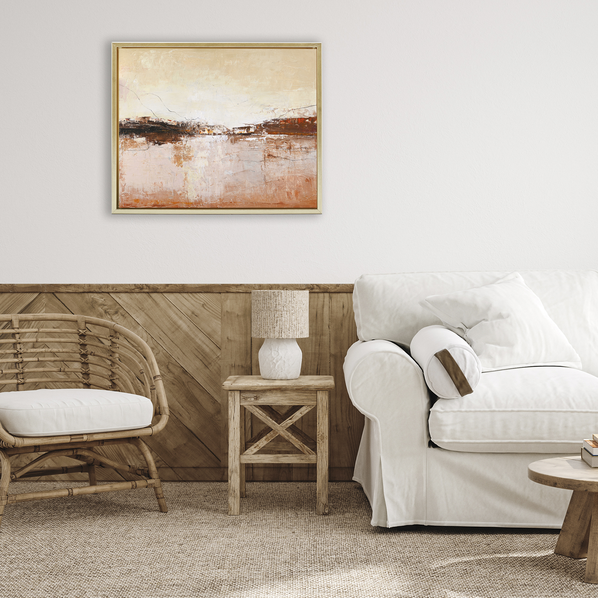Warm Distressed Horizon Gold Framed Floater Canvas Wall Art, design by Design Fabrikken
