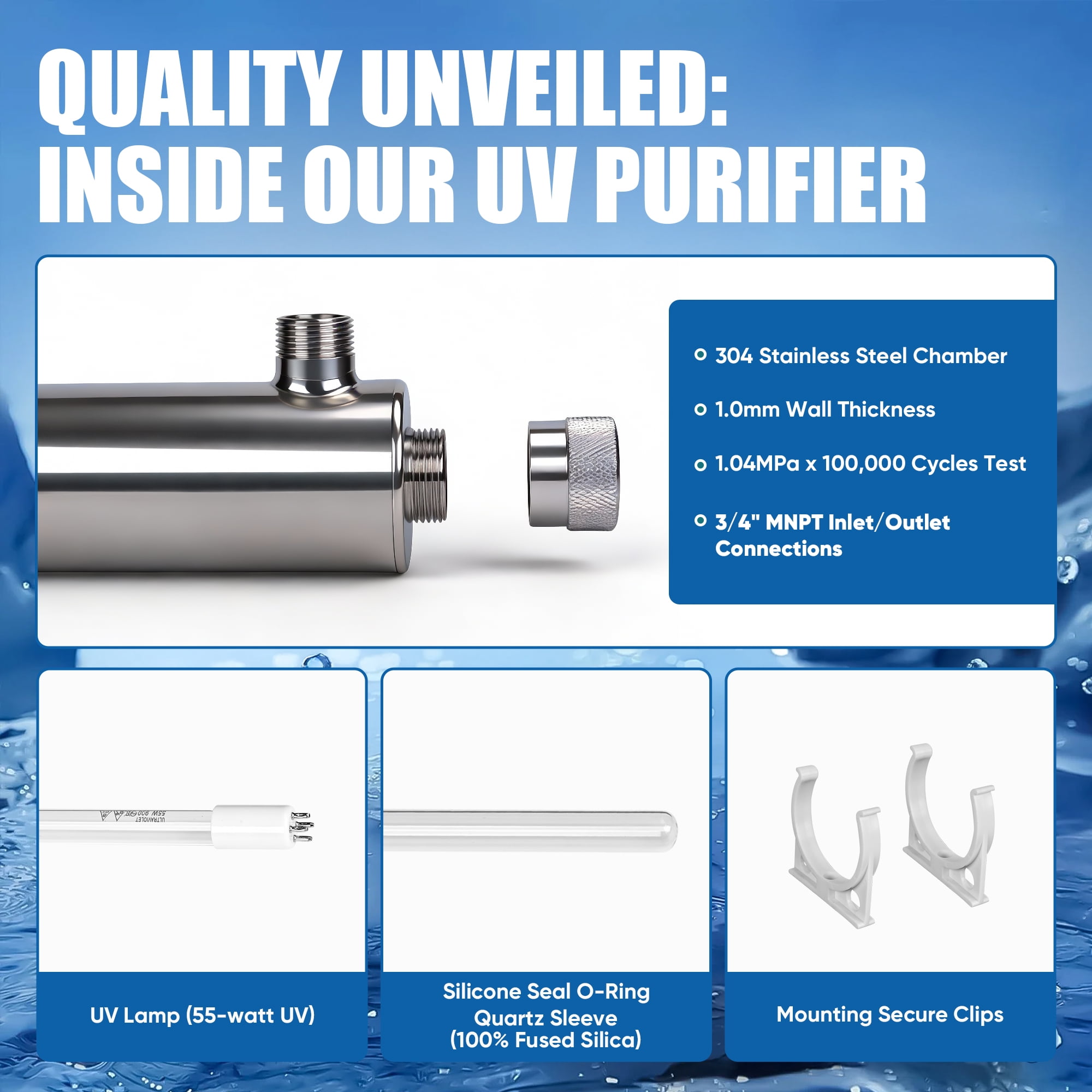 12 GPM Whole House UV Water Filter– UV Water Purifier with Extra 2 UV Filter +2 Quartz Sleeve- (55 Watt)