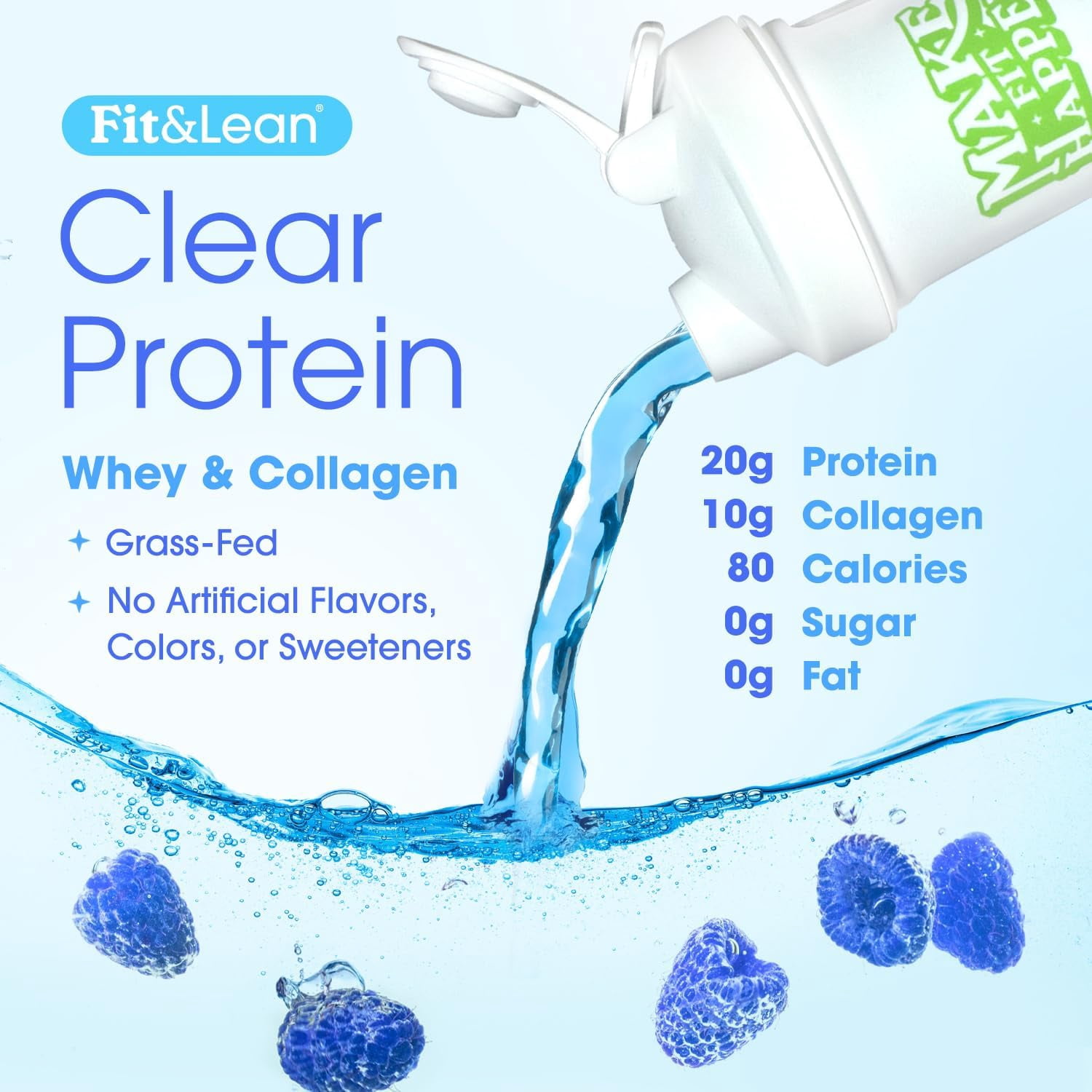 Fit & Lean Clear Protein Powder with Whey Isolate Protein and Collagen, Grass Fed, Muscle Recovery, GLP-1 Support, Blue Raspberry, 20 Servings