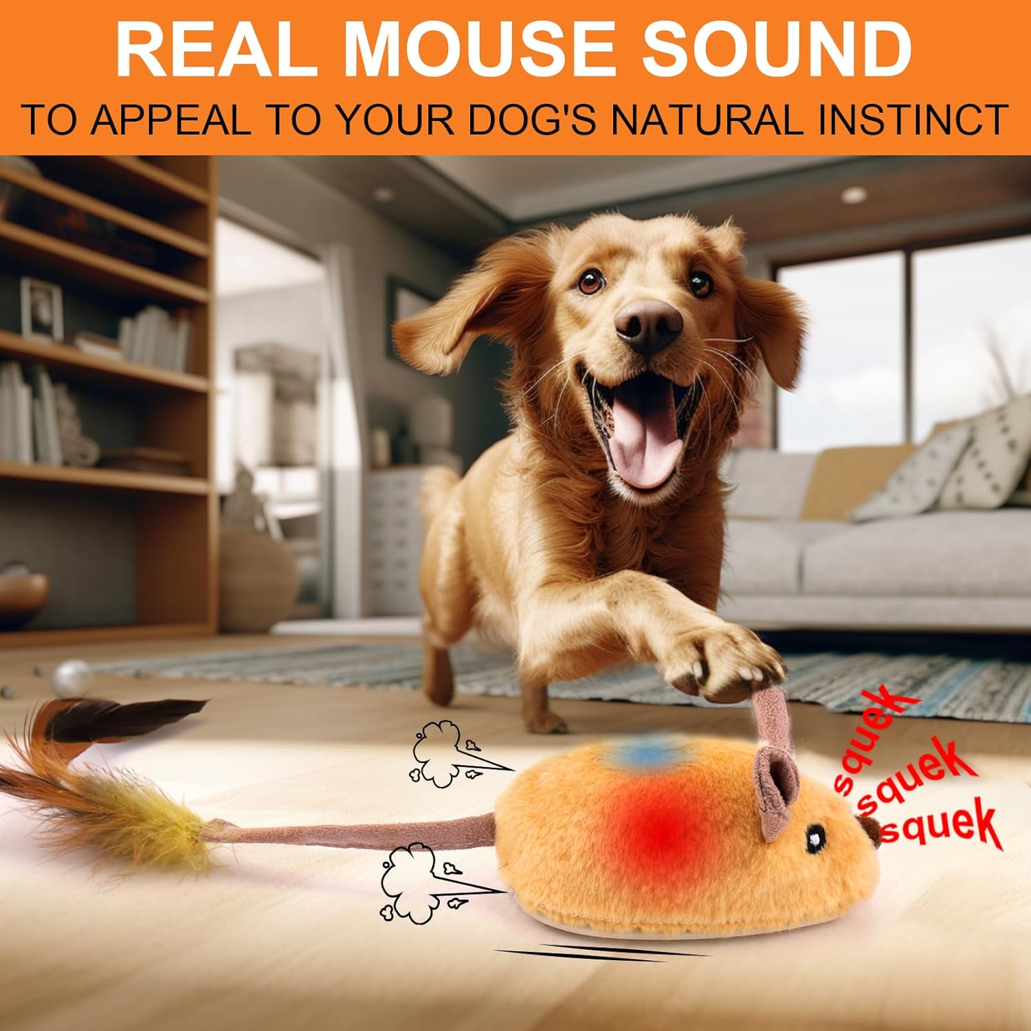 ZOSE Interactive Dog Toys Mouse, Escaping Mice Squeaky Dog Toys with Lights & Auto-Turn, Rechargeable Moving Dog Toy for Small/Medium/Large Dogs & Cats (Yellow)