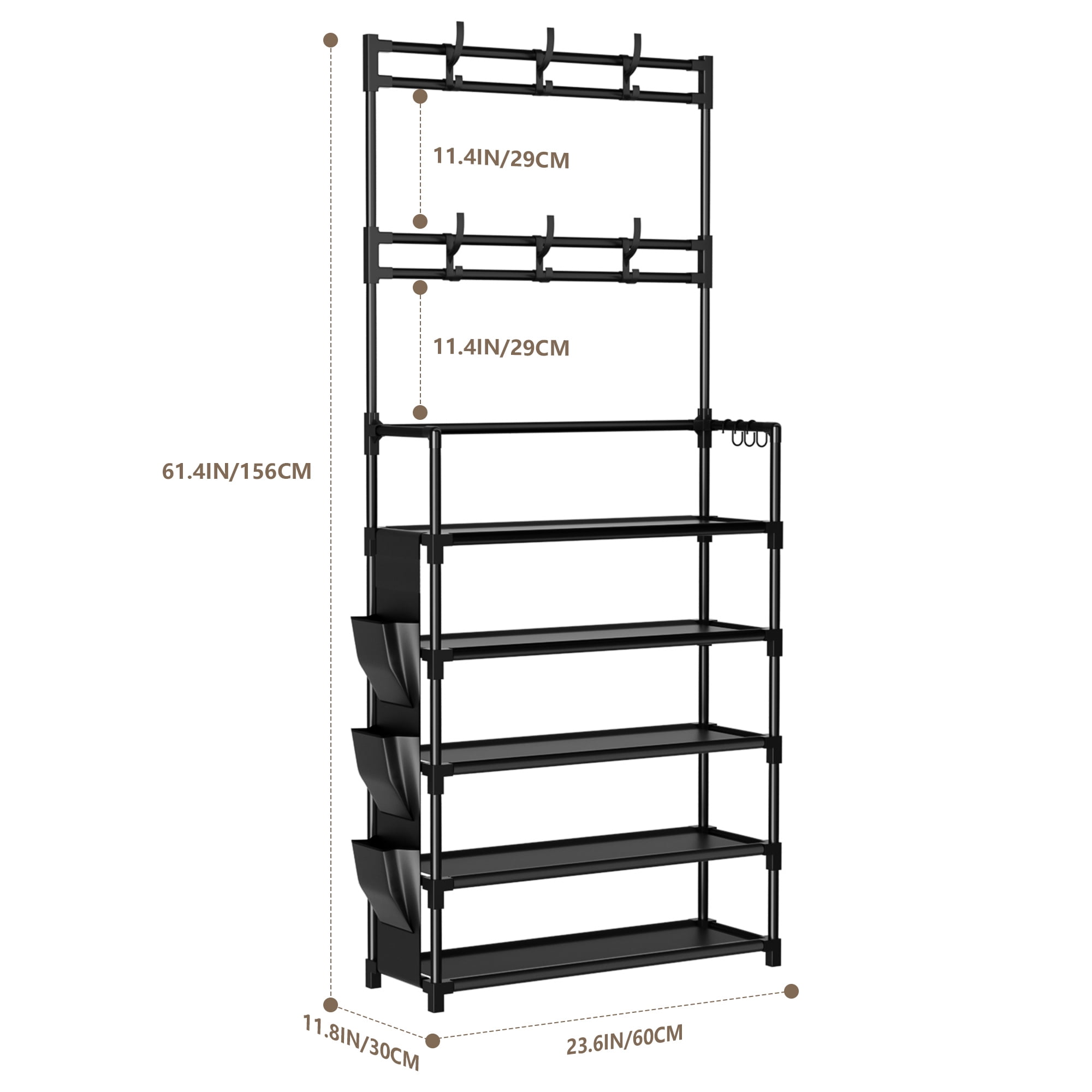 5 Tier Shoe Rack with Hooks and Side Pocket Storage 15-20 Pairs Shoe Rack for Closet Entrance Shoe Rack Organizer Entryway Shoe Holder Space Saving Free Standing Shoe Racks