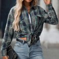 thumbnail image 4 of Women's Plaid Flannel Shacket Button Down Long Sleeve Casual Jacket Plus Size Baggy Fall Fashion Shirt 2025, 4 of 7