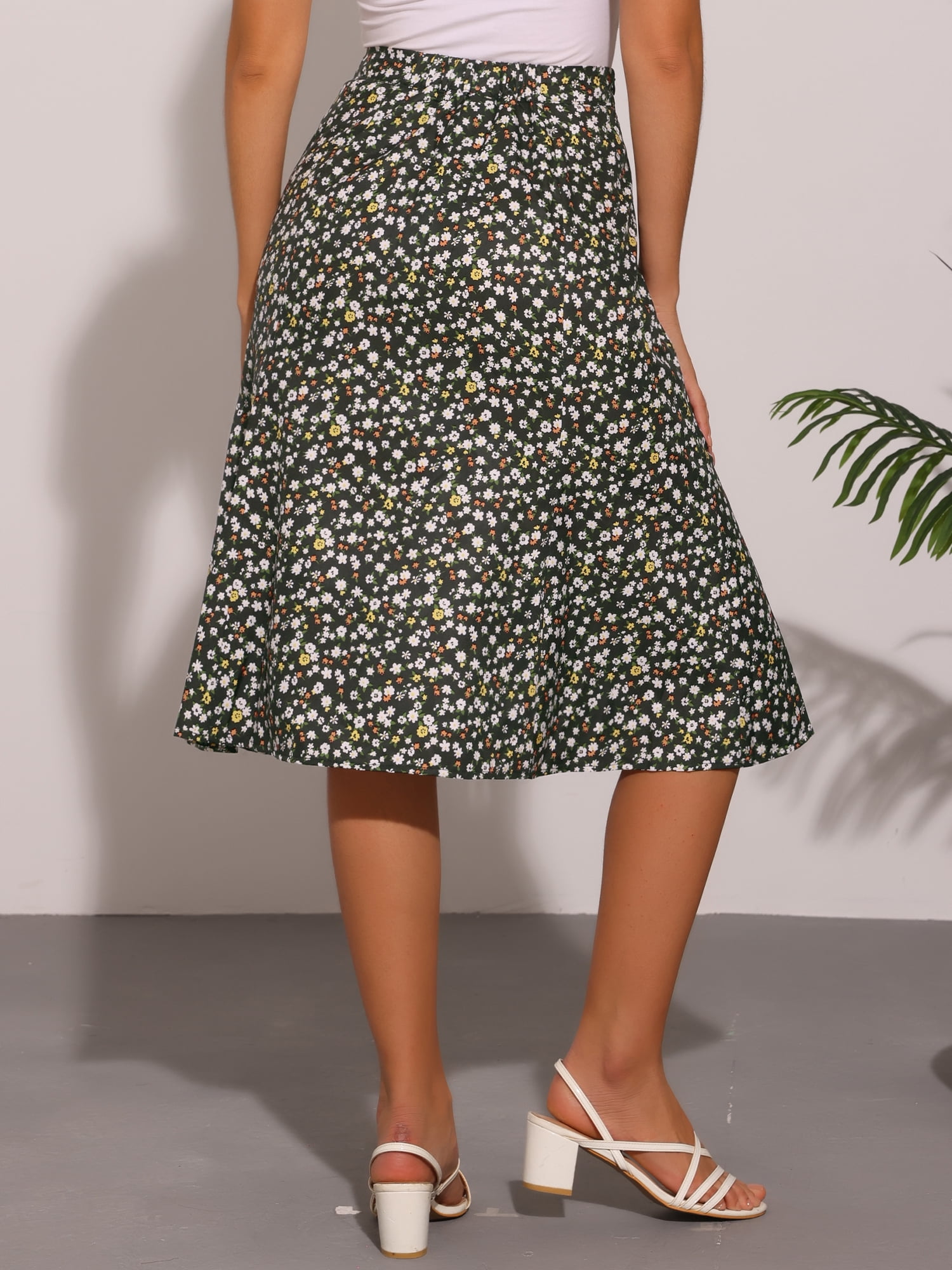 DARING DIVA Women's Elastic Waist A-Line Floral Print Midi Skirt S Black Flower