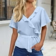 thumbnail image 6 of Jxximdong Women Blouses, Women Casual Shirt Ruffle Wrap V Neck Tops Tie Waist Peplum Business Work Blouse, Blue Daily Dresses for Women, 6 of 7
